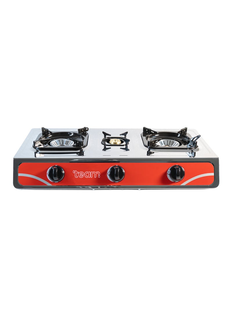 Team Triple Burner Gas Stove – Stainless Steel Top, Cast Iron Pan Supports, Automatic Ignition, Whirlwind Flame Design, Double Jet System – Table Top Gas Cooker - Image 1